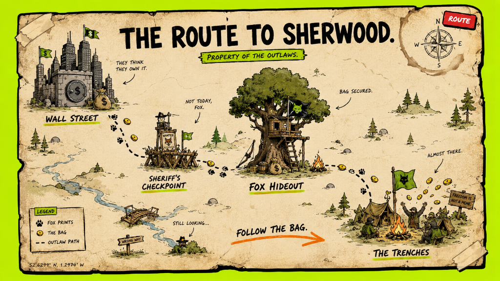 The Route to Sherwood — a hand-drawn treasure map tracing the outlaw path from Wall Street through the Sheriff's Checkpoint and Fox Hideout to The Trenches
